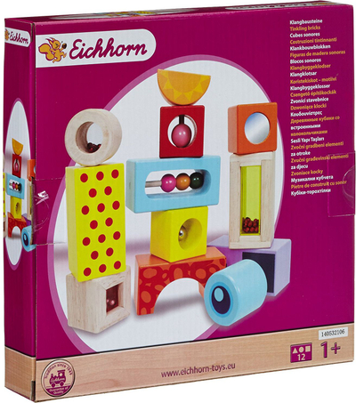 Lodër ndërtimi Eichhorn Tinkling Block 100002240, 12 tulla druri, me zë, shumëngjyrëshe