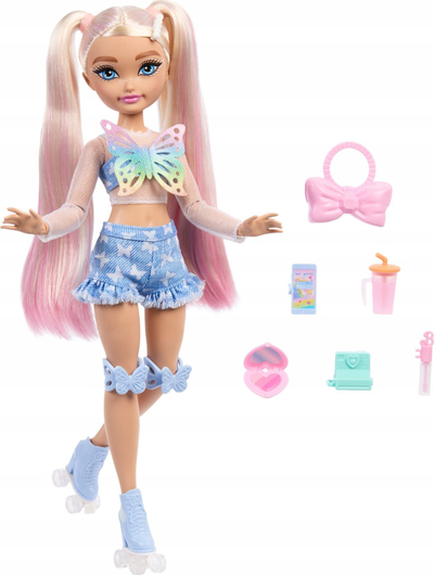 Kukull Barbie Dream Besties Malibu, me patina me rrota, me 9 aksesorë grimi, shumëngjyrëshe