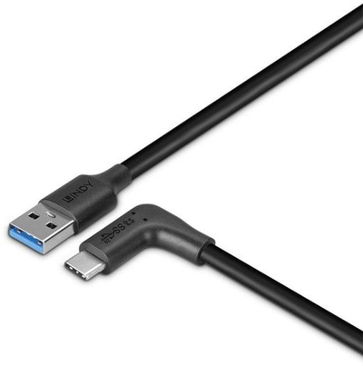 Kabllo USB LINDY 1m USB 3.2 Type A në Type C, kënd 90°, e zezë