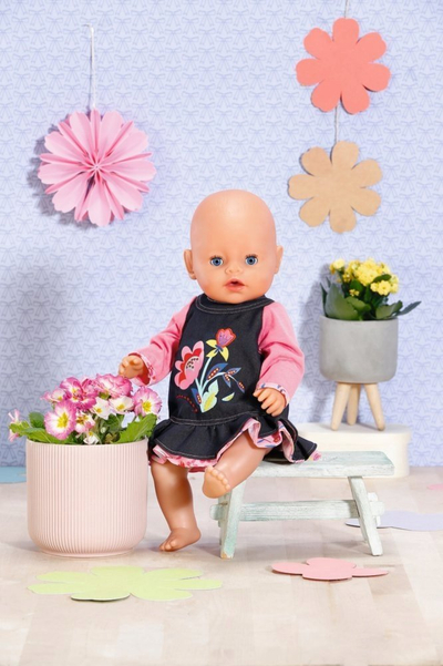 Fustan kukulle Dolly Moda Jeans, për kukulla 43 cm, me lule, rozë