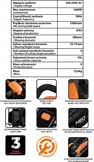 Kositëse elektrike bari Neo Tools 04-628, 1600W, 38 cm, shportë 45L