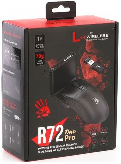 Mouse gaming A4Tech Bloody R72 Pro Duo, PAW3395, wireless edhe me USB, i zi