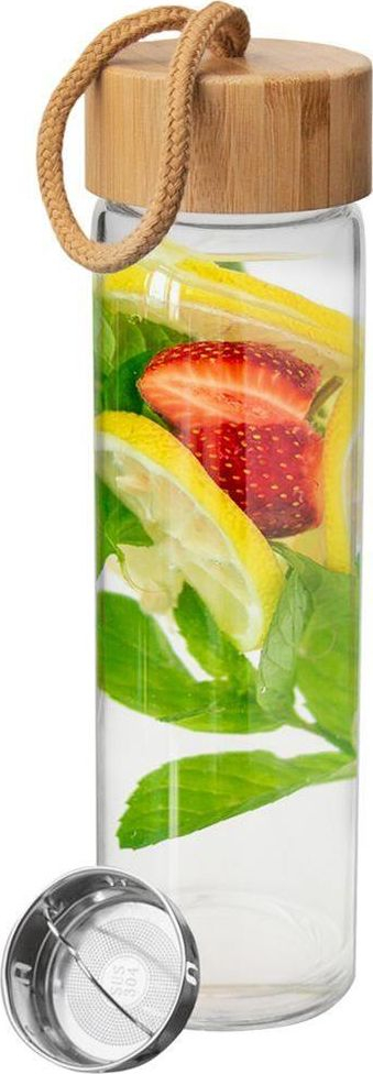 Shishe qelqi me sitë çeliku, 500 ml, kapak bambuje, transparente