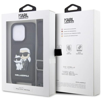 Mbrojtëse telefoni Karl Lagerfeld për iPhone 14 Pro, crossbody me xhep për karta, e zezë