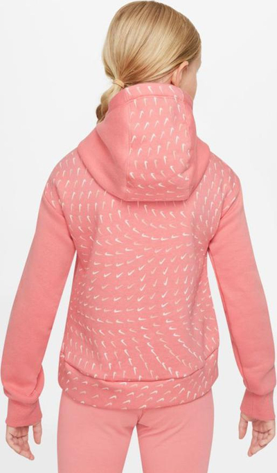 Дуксер со капуљача Најк Allover Print Fleece за девојчиња, со кенгур џеб, розов
