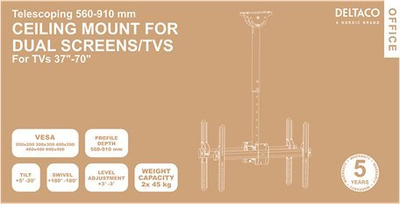 Mbajtëse tavani TV Deltaco ARM-0403, teleskopike, për 2 ekrane 37"-70", e zezë