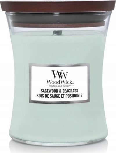 Qiri WoodWick Sagewood and Seagrass Medium Hourglass, me fitil druri, deri në 100 orë djegie