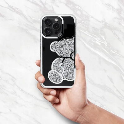 Mbulesë telefoni Teddy Bear për iPhone 16 Pro Max, PU TPU, argjend