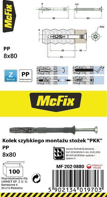 Plug konik MC Fix Quick Assembly, PP, 8x80 mm, gri