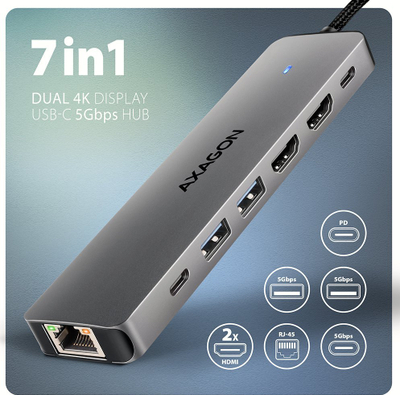 USB hub AXAGON HMC-7HX2, 2x USB-A, 2x HDMI 4K, Power Delivery 100 W, ngjyrë argjendtë