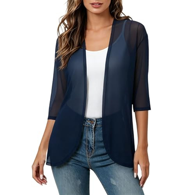 Kardigan veror për gra, mëngë 3/4, i hollë, ngjyrë blu navy, përmasa S