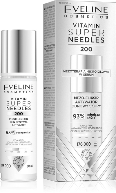 Eliksir rigjenerues për fytyrë Vitamin 200 Meso-Elixir, aktivizues rigjenerues, mikropeeling natyral, transparent
