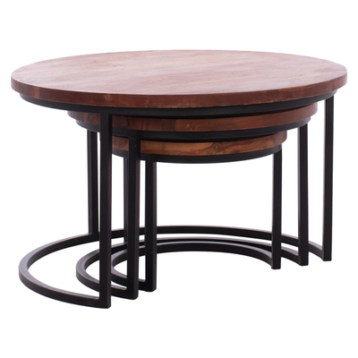 Set 3 tavolina “Obi” acacia + metal 78×78×47 cm (HM9255), zezë