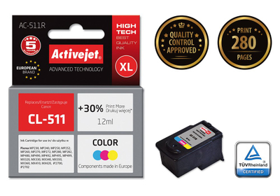 Ngjyrë për printer Activejet AC-511R (zëvendësim për Canon CL-511), 12 ml, e kaltër / vjollcë /  e verdhë