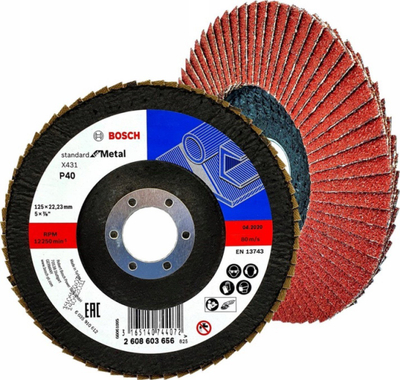 Disk flap Bosch X431 2608603656, 125mm, për çelik, hapje 22.23mm