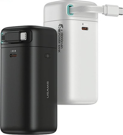 Power bank Usams XMF SE, 18000mAh, PD 45W, me kabllo USB-C të tërheqshme, i zi