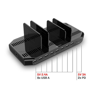 Stacion karikimi Lindy 73435, 120W, 10 porta USB me USB C, i zi