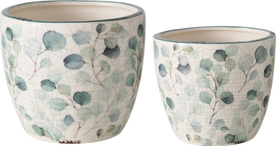 Set vazo qeramike Boltze, stoneware, 11 cm dhe 14 cm, me gjethe, të bardha