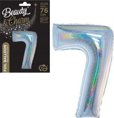 Balon folio Beauty &amp; Charm numri 7, 76 cm, holografik, argjendtë