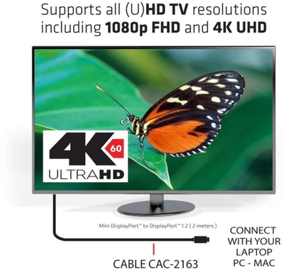 Kабел Mini DisplayPort во DisplayPort Club3D, 2m, 4K 60Hz, црн