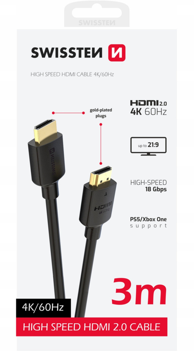 Kabllo HDMI Swissten 3m, 4K 60Hz, HDMI 2.0, e zezë