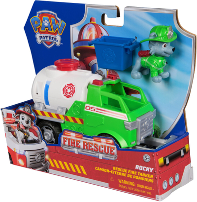 Lodër kamion zjarrfikës Paw Patrol Rocky Tanker, me figurë Rocky, rreth 20 cm, shumëngjyrëshe