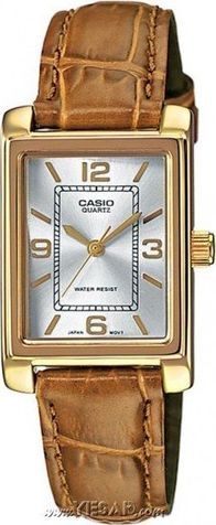 Ora dore Casio Collection, kuarc, rrip lëkure kafe, argjendi e artë