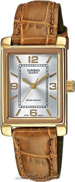 Ora dore Casio Collection, kuarc, rrip lëkure kafe, argjendi e artë