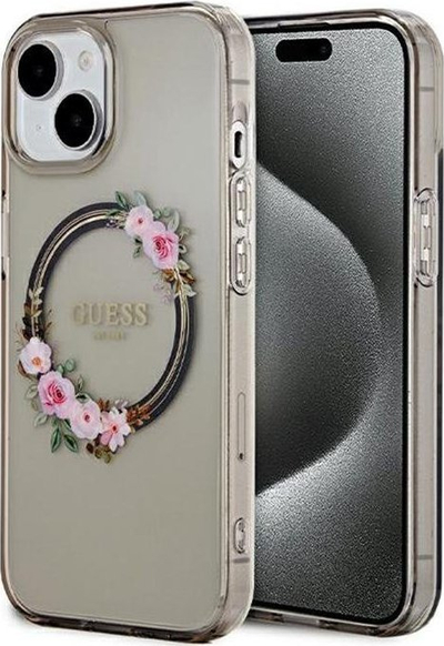 Маска за телефон Guess IML Flowers Wreath MagSafe за iPhone 15, TPU PC, транспарентна