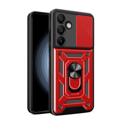 Këllëf armor Camshield për Samsung Galaxy S24 FE, me unazë metalike, mbrojtje për kamerat, i kuq me të zi