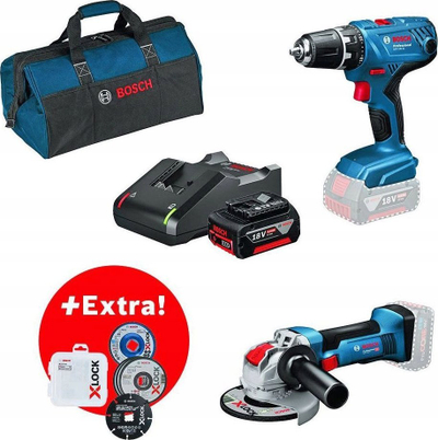 Set veglash pa tel Bosch GSR 18V-50 + GWS 180-LI, 18V, 2 bateri 2.0Ah dhe 5.0Ah, blu
