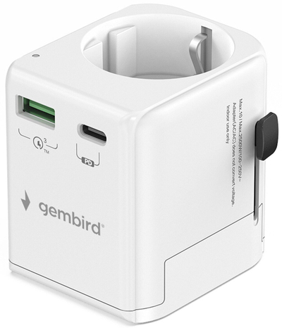 Përshtatës udhëtimi Gembird Grounded Universal, 20W, USB C PD, USB A QC, i bardhë