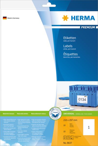 Etiketa Herma Premium 8637 A4, 210x297 mm, 10 fletë, të bardha