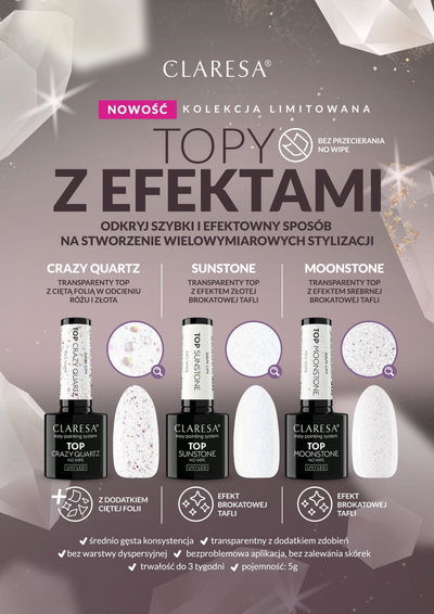 Top coat hibrid për thonj Claresa Top Crazy Quartz No Wipe, 5g, me efekt dekorativ
