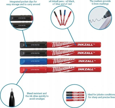 Set markerash Milwaukee INKZALL Ultra Fine Tip, 4 copë, ngjyra të përziera, i kuq