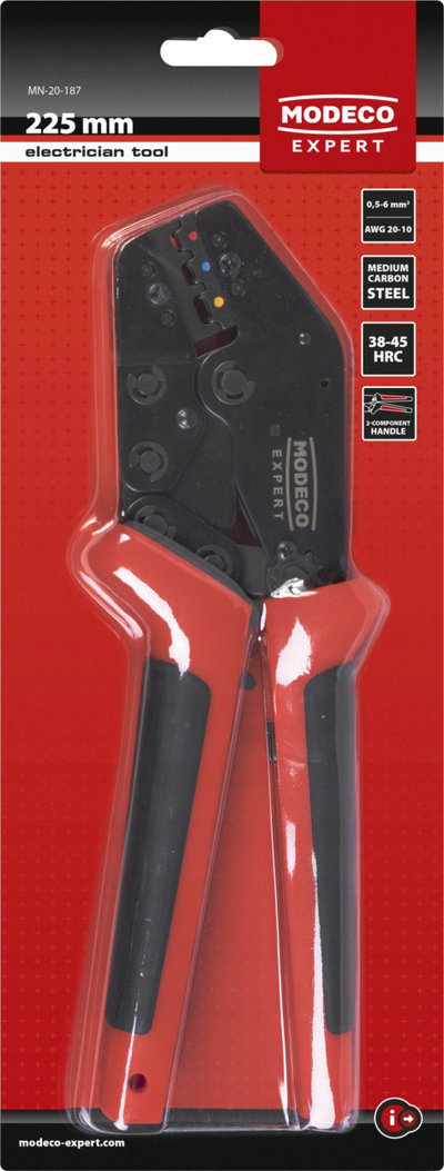 Pinca krimpuse Modeco MN-20-187, për terminale 0.5–6 mm², me dorezë të rehatsme, shumëngjyrëshe