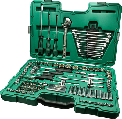 Set veglash SATA, 124 copa, çelësa basen 1/4" 3/8" 1/2", në kuti plastike jeshile