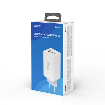 Karikues rrjeti Savio LA-07, 65W GaN, Quick Charge 4.0 Power Delivery 3.0, i bardhë