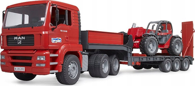 Сет играчки Bruder MAN TGA Low Loader Truck со натоварувач Manitou, модел 02774, пластика, повеќебоен