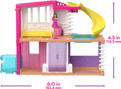 Set lodrash Barbie Mini BarbieLand Dreamhouse, kukull 4 cm, ashensor dhe pishinë, rozë
