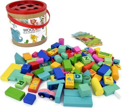 Lodër me blloqe druri Wooden Blocks, 100 copa, sorter, shumëngjyrëshe