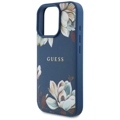 Заштитна маска Guess MagSafe за iPhone 16 Pro, дизајн со цвеќиња, сина