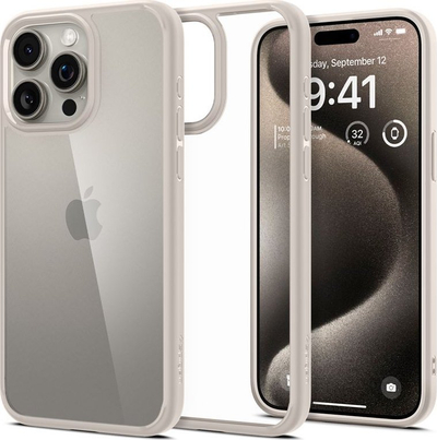 Mbrojtëse telefoni Spigen Ultra Hybrid për iPhone 15 Pro Max, transparente, rezistente ndaj goditjeve, bezhë