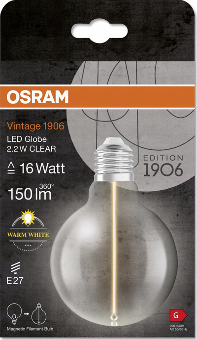 Llambë LED OSRAM Vintage 1906 Globe G95, 2.2W, E27, transparente
