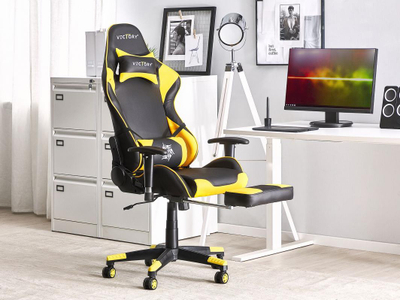 Karrige gaming Beliani VICTORY, lëkurë sintetike, rrotulluese, e zezë verdhë