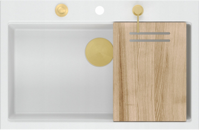 Lavabo kuzhine GraniteQ MARC, 76x50 cm, 1 vaskë, e bardhë snow white me aksesorë ari Nano Gold PVD