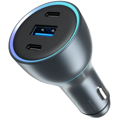 Karikues për makinë Proove Supercharge, 130W, 2×Type-C + USB, metal gri