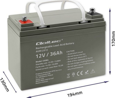 Bateri AGM Qoltec 12V 36Ah, 540A, gri