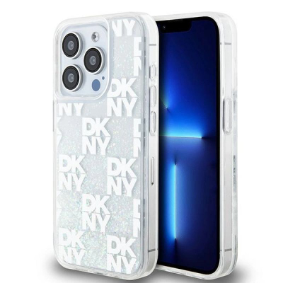 Mbulesë telefoni DKNY Liquid Glitter me katrorë shahu, për iPhone 15 Pro, transparente