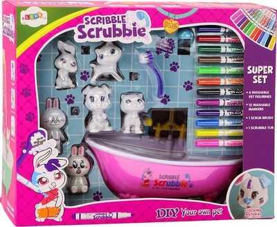 Set kreativ Lean Toys Scribble Scrubbie, 6 kukulla kafshësh, 12 markera, shumëngjyrësh